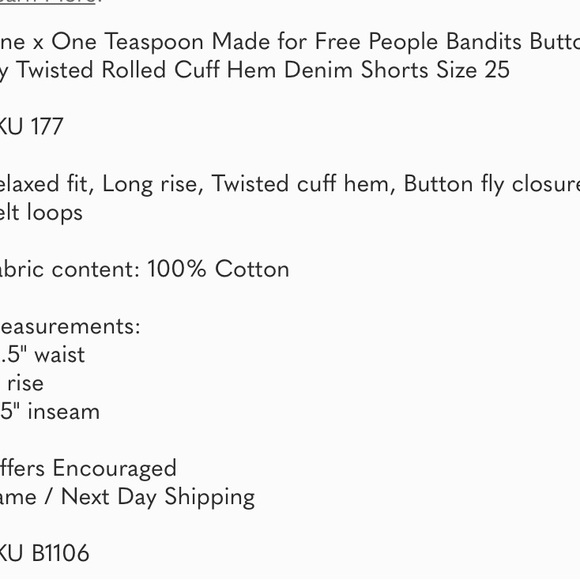 One Teaspoon Free People Bandits Shorts Cut Off Button Fly Roll Hem Denim Sz 25 - Picture 12 of 12